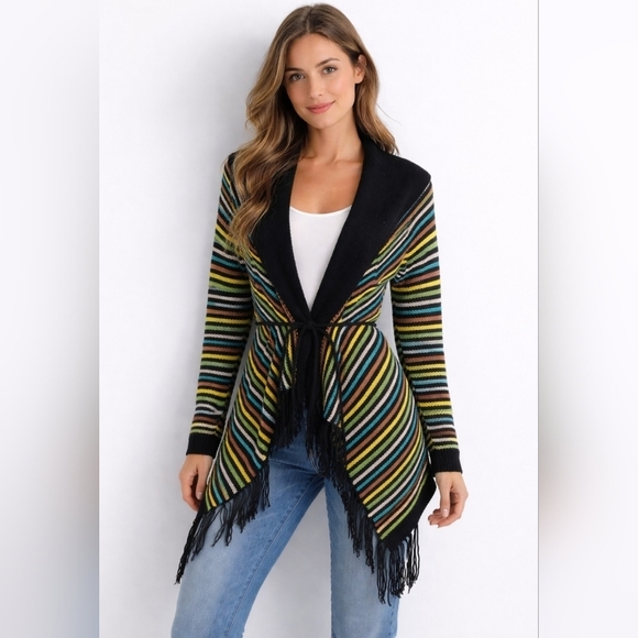 vertigo Sweaters - NWT vertigo colorful chunky knit tassled oversized asymmetrical open cardigan L